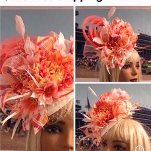 Orange/Peach/Pink Floral Fascinator Hat with Feather and Ribbon Accents
